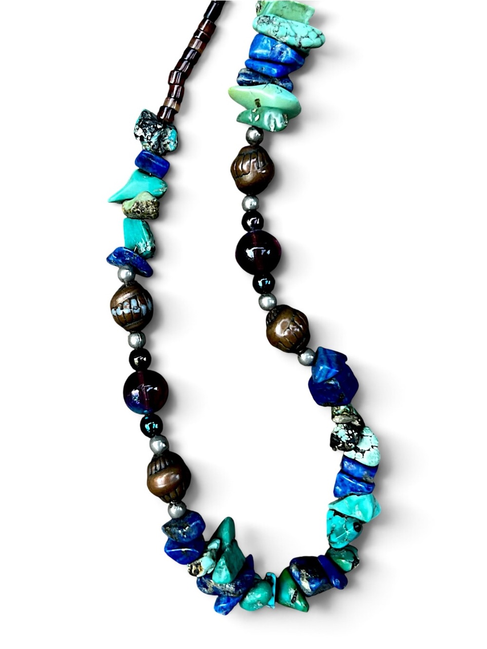 Vintage Raw Turquoise & Lapis Necklace Mother of Pearl Bird Fetish Gemstone